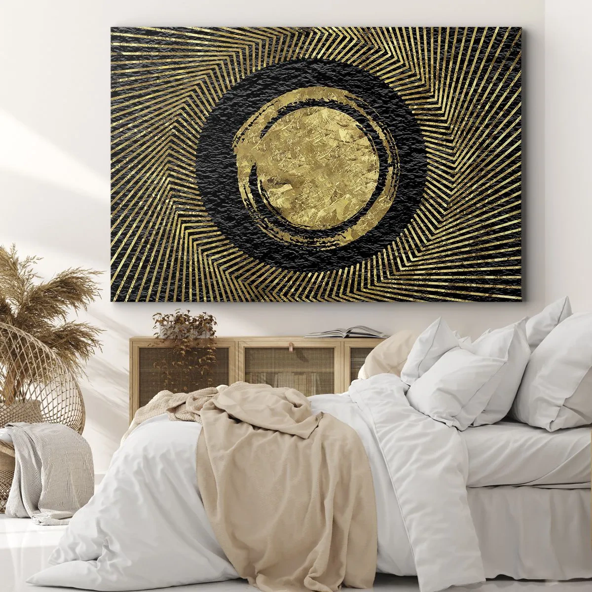 Quadro em tela - Composição geométrica em preto e dourado com raios - 70x50cm - Composição glamourosa - Decoração de parede moderna para a sala de estar e quarto ARTTOR