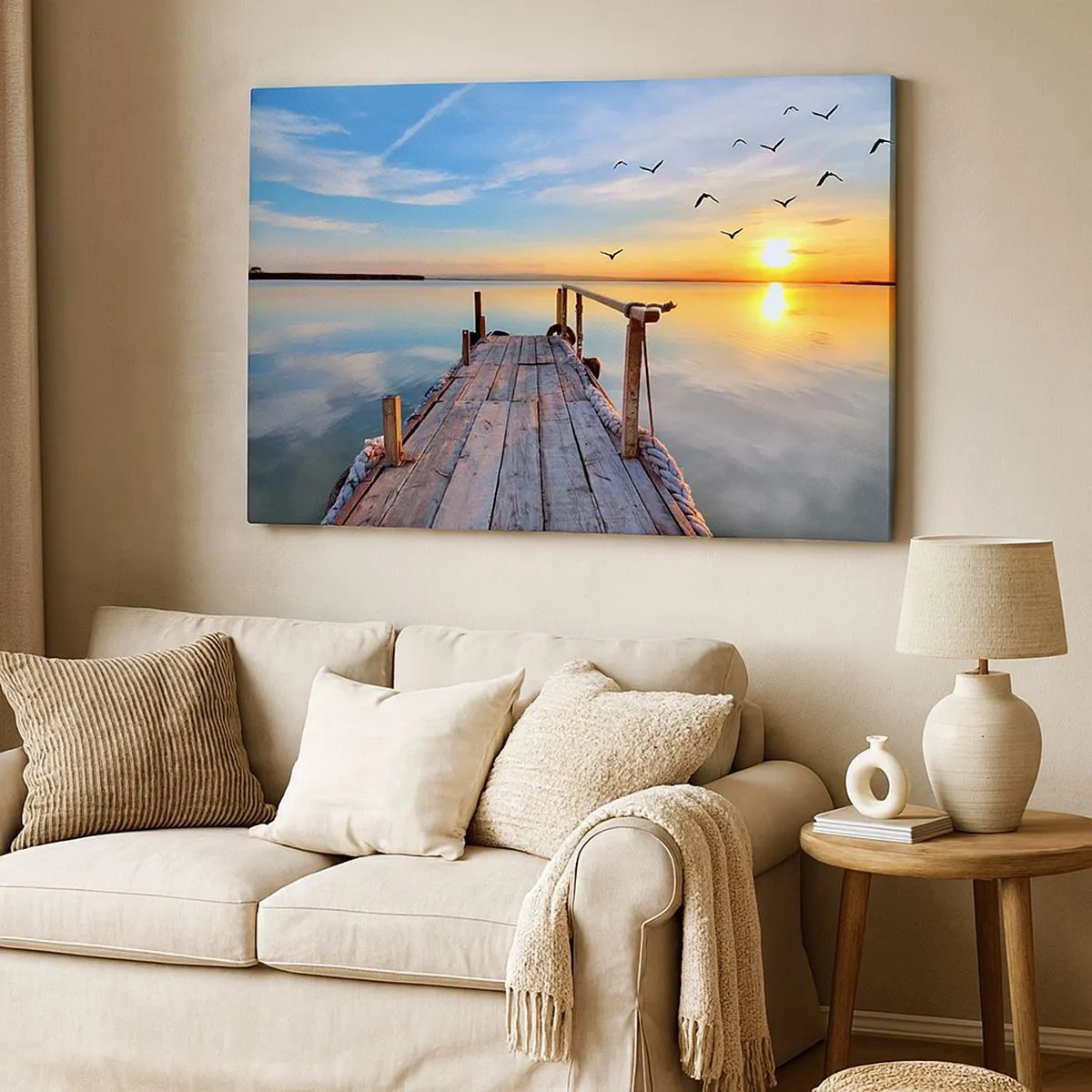 Quadro em tela - Píer de madeira ao pôr do sol em um lago calmo - 70x50cm - Caminhando em direção ao sol - Decoração de parede moderna para a sala de estar e quarto ARTTOR