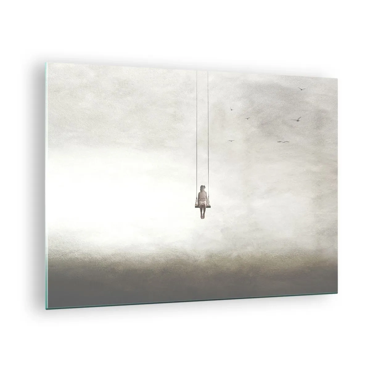 Quadro em vidro - Uma figura em um balanço suspensa no céu - 70x50cm - A criança em nós - Decoração de parede moderna para a sala de estar e quarto ARTTOR