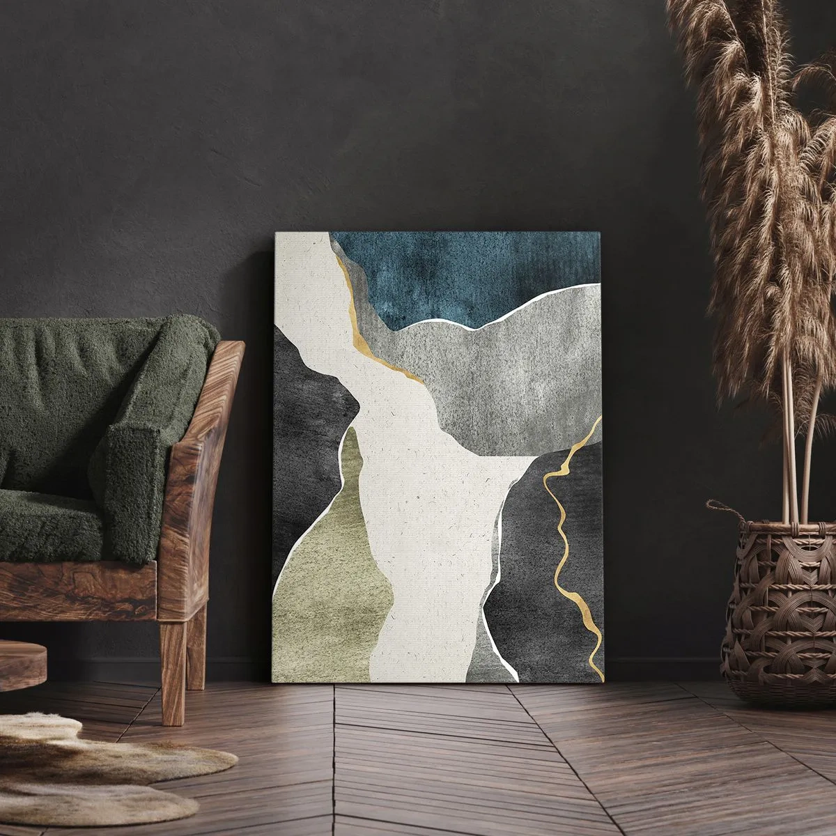 Quadro em tela - Composição de mosaico com fio de ouro - 70x100 cm