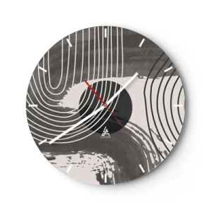 Relógio de parede - Relógio em vidro - Linhas pretas e brancas em um ritmo ondulado ao redor de um círculo preto - 30x30cm - O oval vence - Decoração de parede moderna para a sala de estar, cozinha e quarto ARTTOR