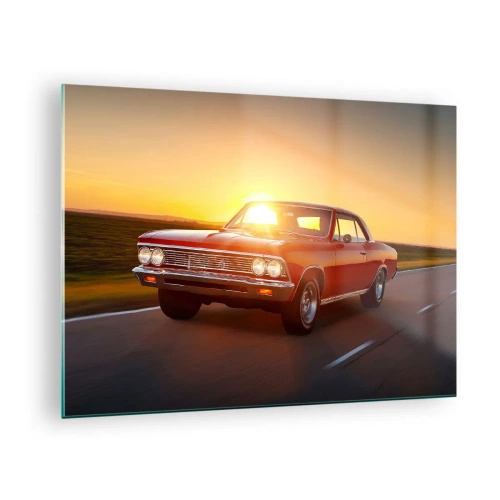 Quadro em vidro - Carro clássico vermelho contra o pôr do sol - 70x50cm - O desejo é vermelho - Decoração de parede moderna para a sala de estar e quarto ARTTOR
