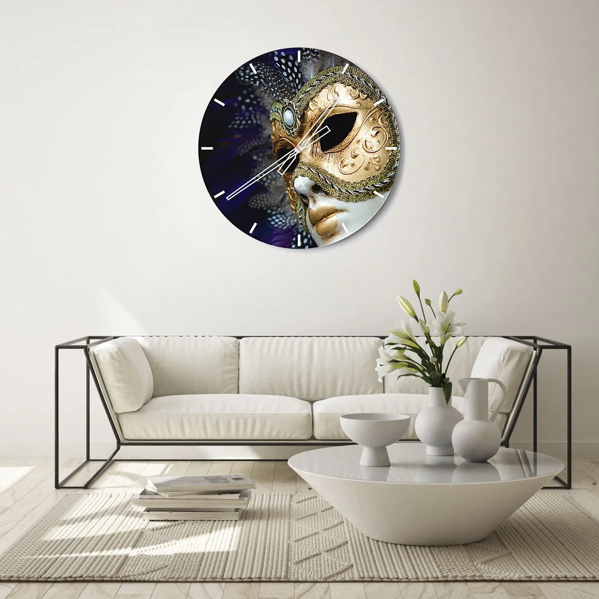 Relógio de parede - Relógio em vidro - Máscara veneziana dourada com penas - 30x30cm - Retrato veneziano em ouro - Decoração de parede moderna para a sala de estar, cozinha e quarto ARTTOR