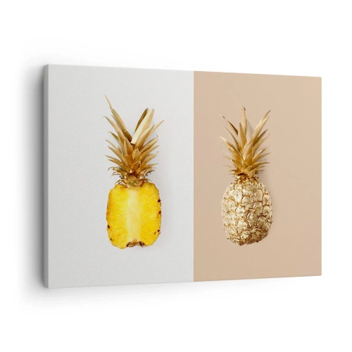 Quadro em tela - Metade de um abacaxi fresco e dourado em um fundo contrastante - 70x50cm - Ananás para nós - Decoração de parede moderna para a sala de estar e quarto ARTTOR