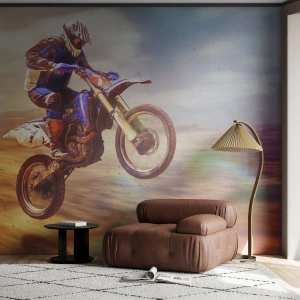 Papel de Parede Standard Eco - Um motociclista no ar em uma pista off-road em uma cena dinâmica - 100x70cm - Vertigem da motocicleta - Decoração de parede moderna para a sala de estar e quarto ARTTOR