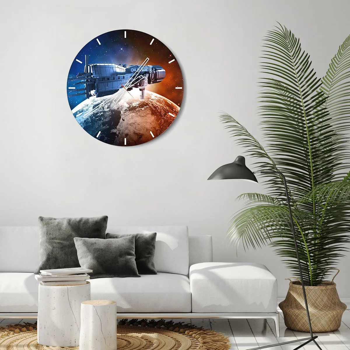 Relógio de parede - Relógio em vidro - Um mostrador de relógio com o motivo de uma nave espacial pairando sobre a Terra - 30x30cm - Observador atento - Decoração de parede moderna para a sala de estar, cozinha e quarto ARTTOR