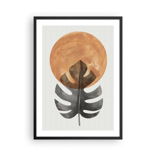Pôster com moldura preta - Uma folha de monstera contra um círculo laranja quente - 50x70cm - Sempre o sol - Decoração de parede moderna para a sala de estar e quarto ARTTOR