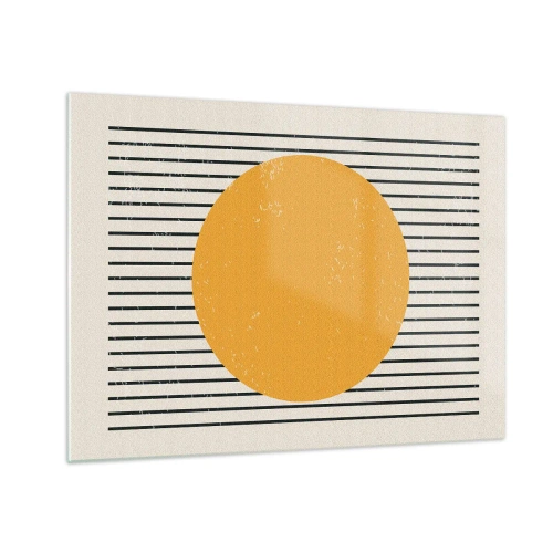 Quadro em vidro - Um círculo laranja sobre um fundo de linhas pretas horizontais em um fundo bege. - 70x50cm - O poder da simplicidade - Decoração de parede moderna para a sala de estar e quarto ARTTOR