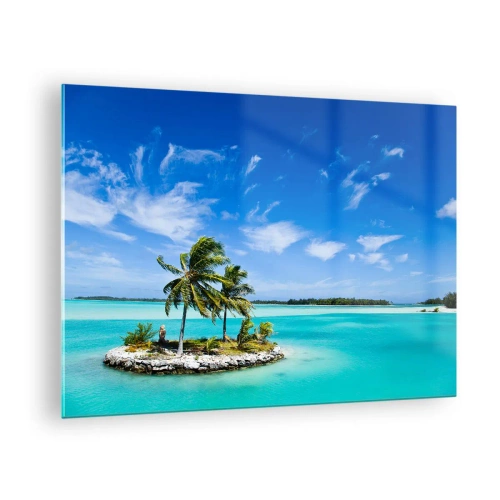 Quadro em vidro - Uma ilha tropical com um oceano azul-turquesa como pano de fundo - 70x50cm - Paraíso na terra - Decoração de parede moderna para a sala de estar e quarto ARTTOR