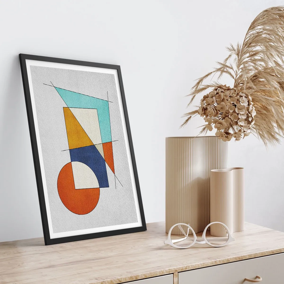 Pôster com moldura preta - Abstração geométrica com figuras e linhas coloridas - 50x70cm - Abstração: diversão modernista - Decoração de parede moderna para a sala de estar e quarto ARTTOR
