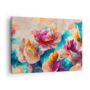 Quadro em tela - Flores coloridas em um fundo bege - 70x50cm - Esplendor colorido do buquê - Decoração de parede moderna para a sala de estar e quarto ARTTOR