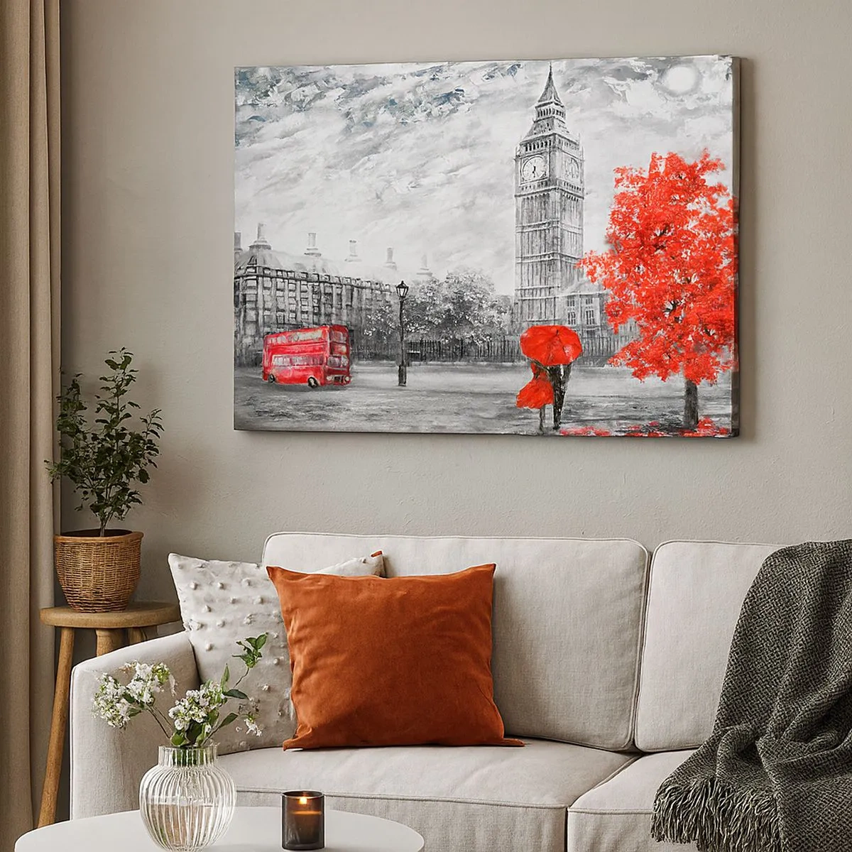 Quadro em tela - Vista icônica de Londres com o Big Ben, um ônibus vermelho e um guarda-chuva - 70x50cm - Um dia emocionante - Decoração de parede moderna para a sala de estar e quarto ARTTOR