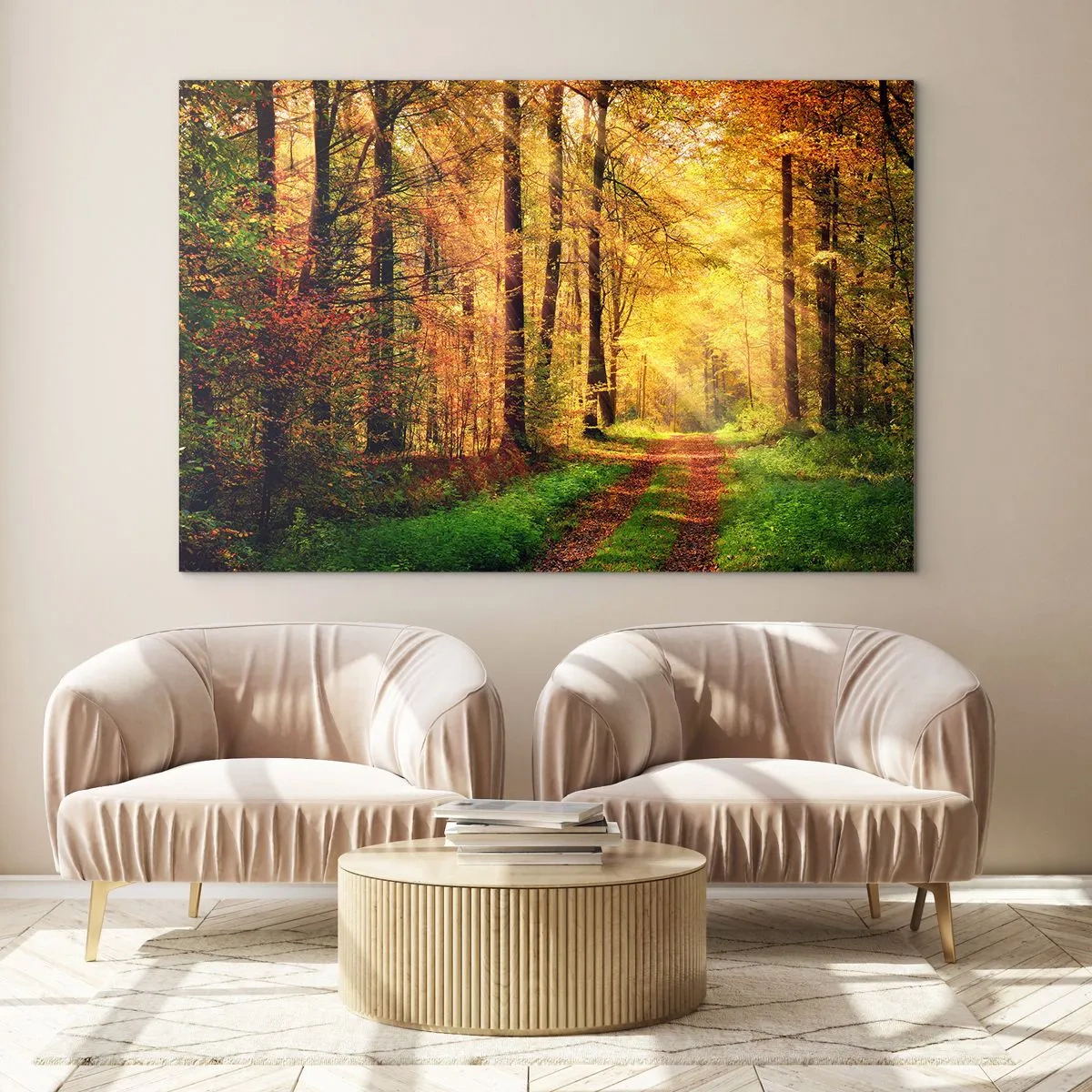 Quadro em vidro - Caminho de outono na floresta com raios de sol - 70x50cm - Silêncio dourado da floresta - Decoração de parede moderna para a sala de estar e quarto ARTTOR