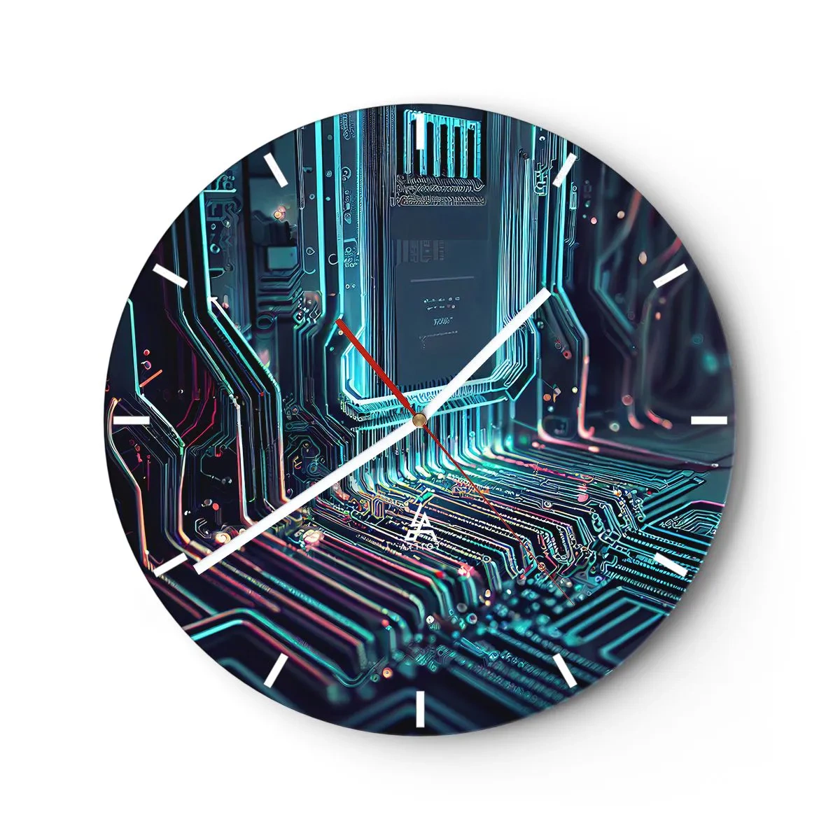 Relógio de parede - Relógio em vidro - Close-up de um circuito integrado de neon em estilo futurista - 30x30cm - Só estou a pensar... - Decoração de parede moderna para a sala de estar, cozinha e quarto ARTTOR