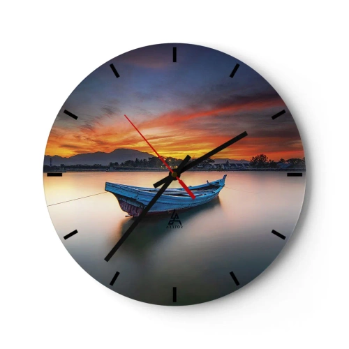 Relógio de parede - Relógio em vidro - Um barco em águas calmas ao pôr do sol - 30x30cm - Uma boa noite se aproxima - Decoração de parede moderna para a sala de estar, cozinha e quarto ARTTOR