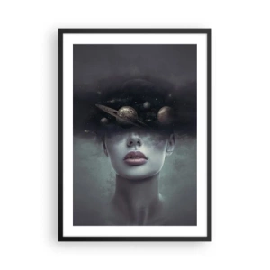 Pôster com moldura preta - Retrato misterioso de uma mulher com planetas no espaço - 50x70cm - E os planetas estão a enlouquecer... - Decoração de parede moderna para a sala de estar e quarto ARTTOR