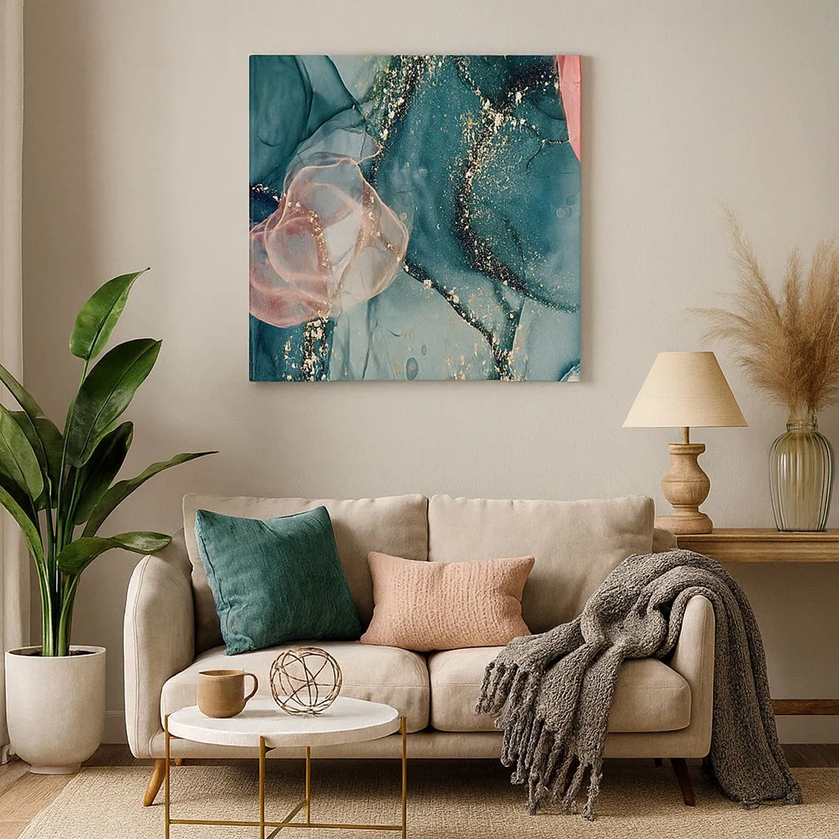 Quadro em tela - Azul seda, rosa tule - 30x30 cm