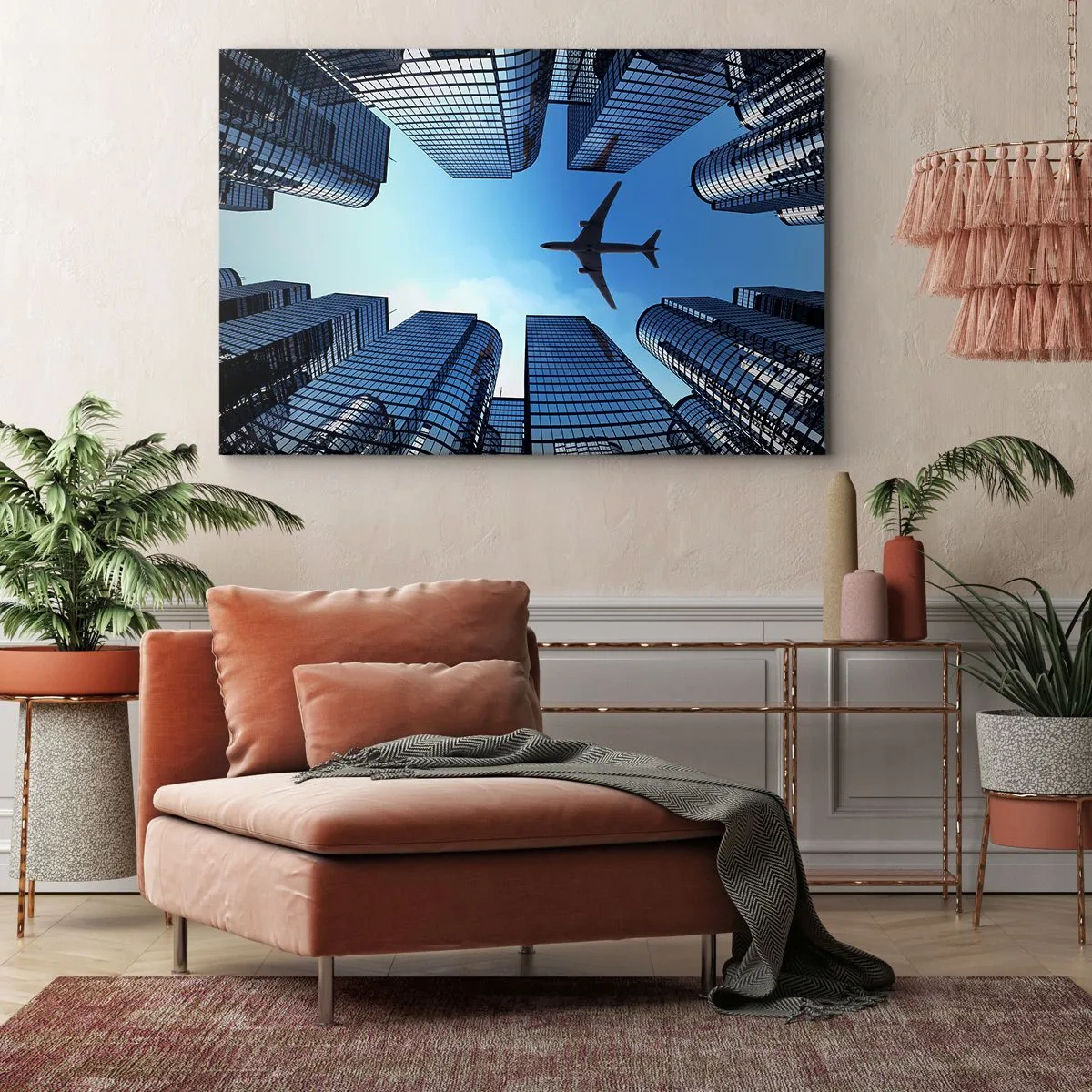 Quadro em tela - Um avião voando sobre arranha-céus modernos no centro da cidade. - 70x50cm - Vista do desfiladeiro de vidro - Decoração de parede moderna para a sala de estar e quarto ARTTOR
