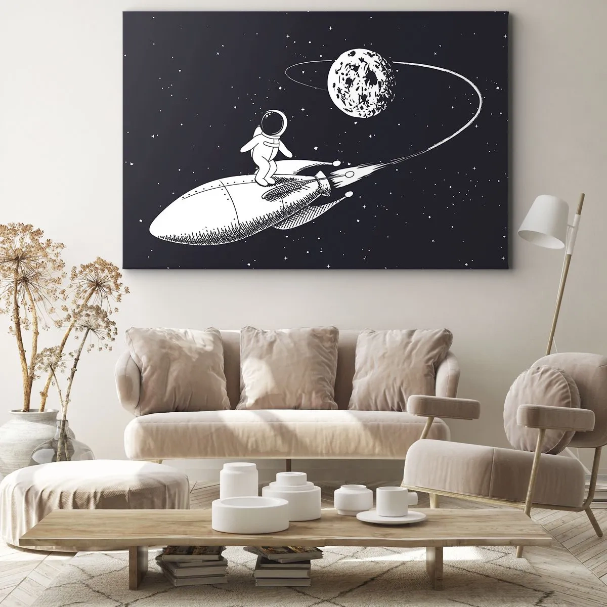Quadro em tela - Astronauta em um foguete no espaço - 70x50cm - Surfista espacial - Decoração de parede moderna para a sala de estar e quarto ARTTOR