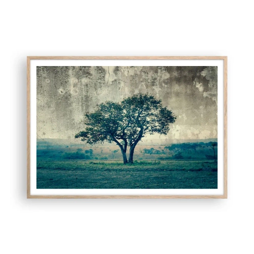 Pôster com moldura de carvalho claro - Uma macieira num prado azul? - 100x70 cm