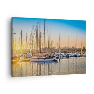 Quadro em tela - Pôr do sol sobre uma marina cheia de veleiros - 70x50cm - O vento também deve dormir  - Decoração de parede moderna para a sala de estar e quarto ARTTOR