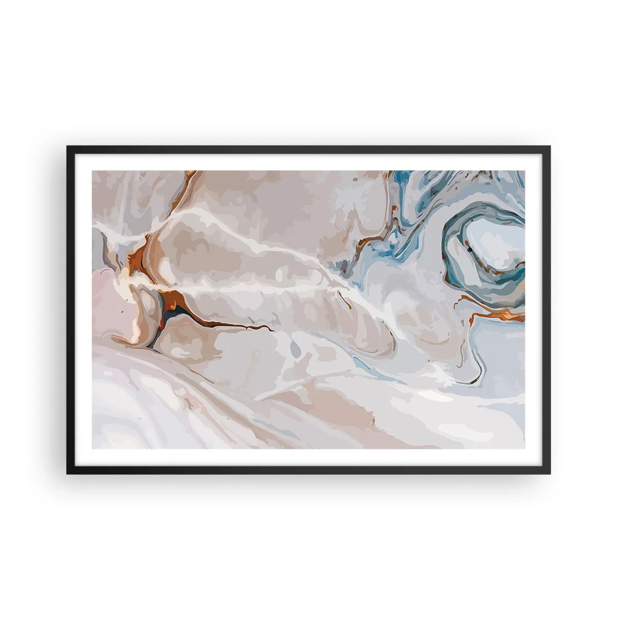 Pôster com moldura preta - Meandros azuis sob branco - 91x61 cm