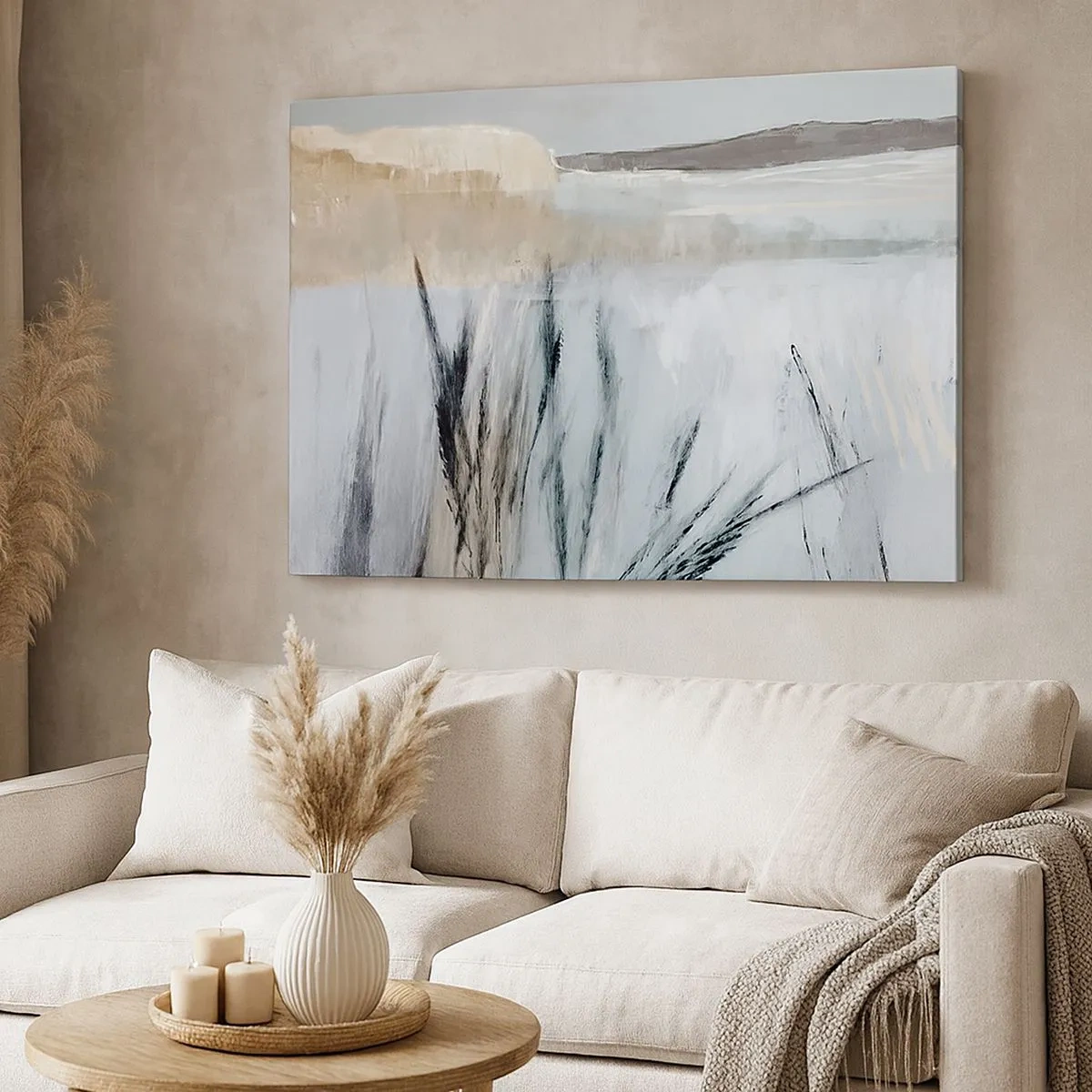 Quadro em tela - Uma paisagem pitoresca de inverno com campos e gramíneas - 70x50cm - Campos de inverno - Decoração de parede moderna para a sala de estar e quarto ARTTOR