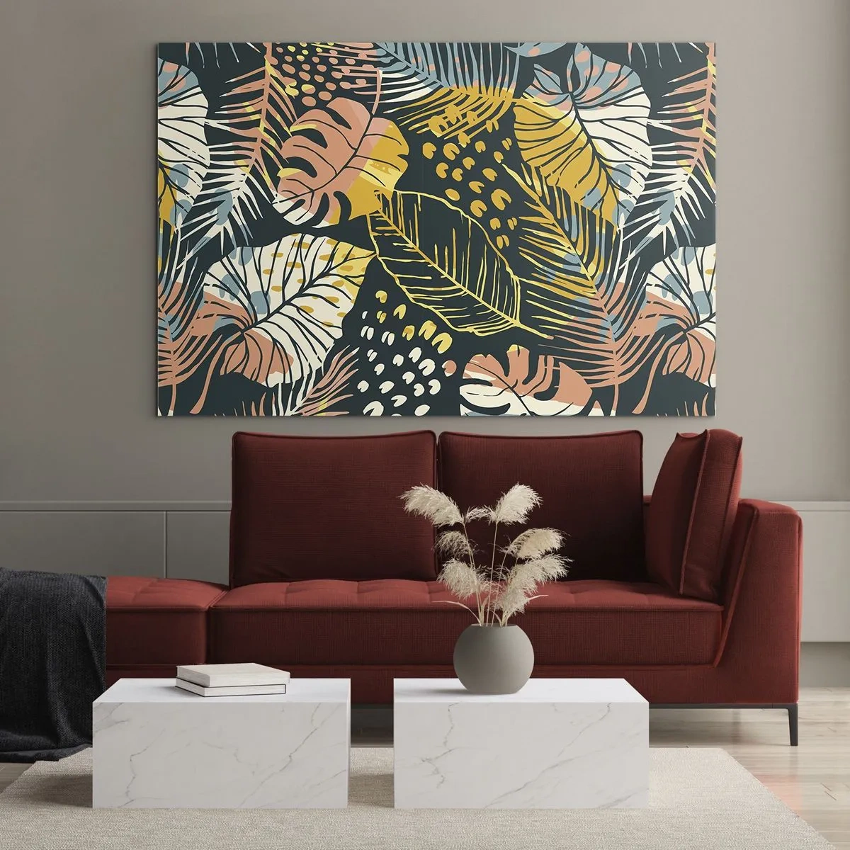 Quadro em vidro - Um padrão de folhas tropicais em cores vibrantes, cheias de energia e exotismo. - 70x50cm - Fantasia de folhas - Decoração de parede moderna para a sala de estar e quarto ARTTOR