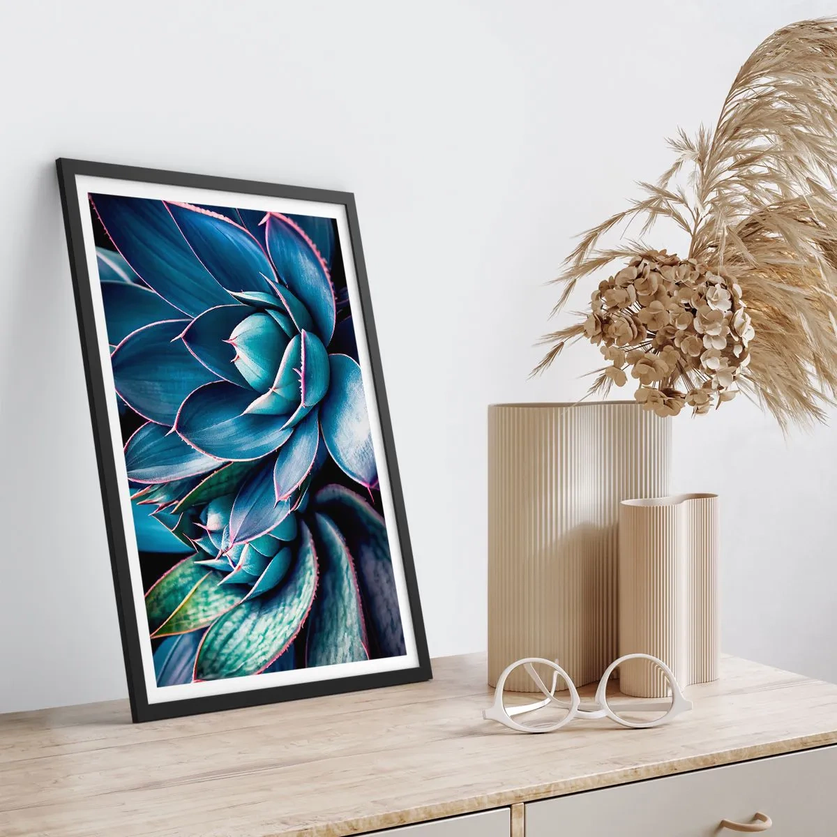 Pôster com moldura preta - Agave em tons de azul e verde - 50x70cm - Força vital - Decoração de parede moderna para a sala de estar e quarto ARTTOR