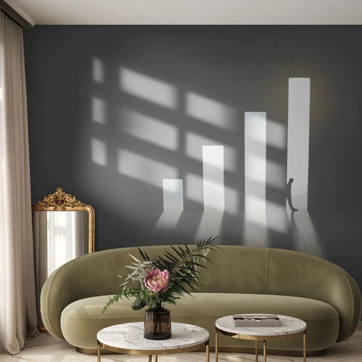 Papel de Parede Standard Eco - Uma silhueta simbólica contra o fundo de barras de crescimento e luz - 100x70cm - Sucesso – impressão - Decoração de parede moderna para a sala de estar e quarto ARTTOR