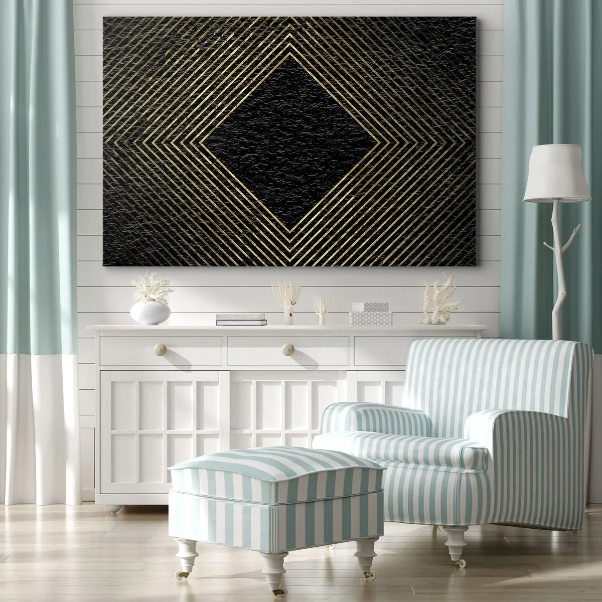 Quadro em tela - Fundo preto com um padrão geométrico de linhas douradas - 70x50cm - Geometria em estilo glamoroso - Decoração de parede moderna para a sala de estar e quarto ARTTOR