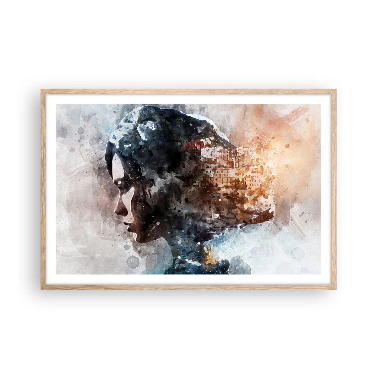 Pôster com moldura de carvalho claro - Uma história sobre uma menina e uma cidade ao fundo - 91x61 cm