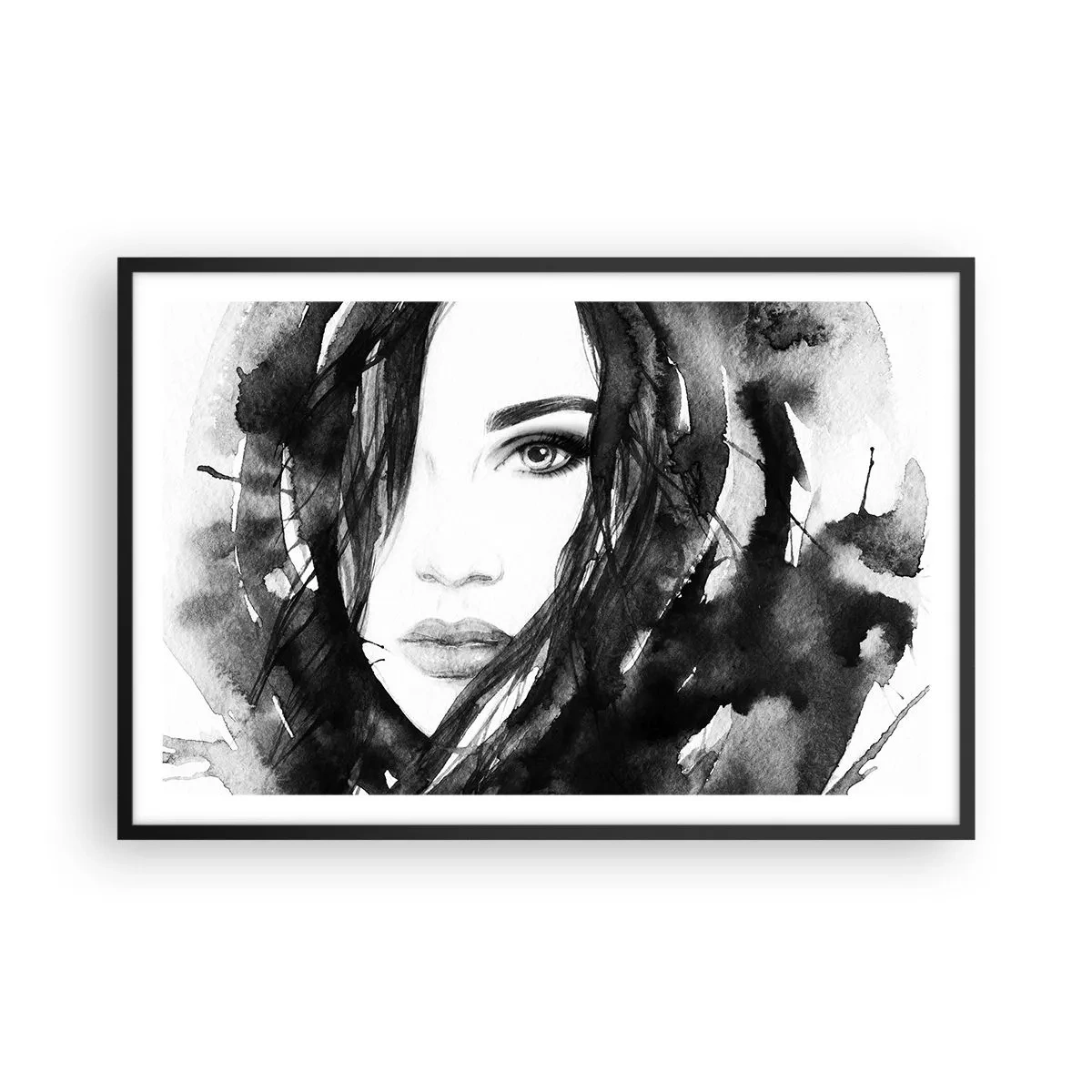 Pôster com moldura preta - Retrato de uma dama a preto e branco - 91x61 cm