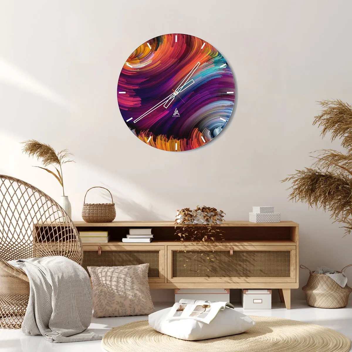 Relógio de parede - Relógio em vidro - Motivo abstrato em cores intensas - 30x30cm - O início de um novo mundo - Decoração de parede moderna para a sala de estar, cozinha e quarto ARTTOR