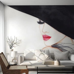 Papel de Parede Autocolante Deluxe Sticker - Elegância e sensualidade - Mulher, lábios vermelhos, Chapéu preto - 100x70 cm