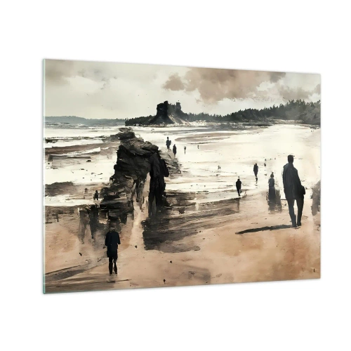 Quadro em vidro - Silhuetas caminhando em uma ampla praia sob um céu nublado - 70x50cm - Convocados - Decoração de parede moderna para a sala de estar e quarto ARTTOR