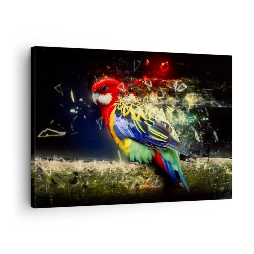 Quadro em tela - Um papagaio em cores vivas contra um fundo de efeitos de luz - 70x50cm - O mensageiro do Brilho - Decoração de parede moderna para a sala de estar e quarto ARTTOR