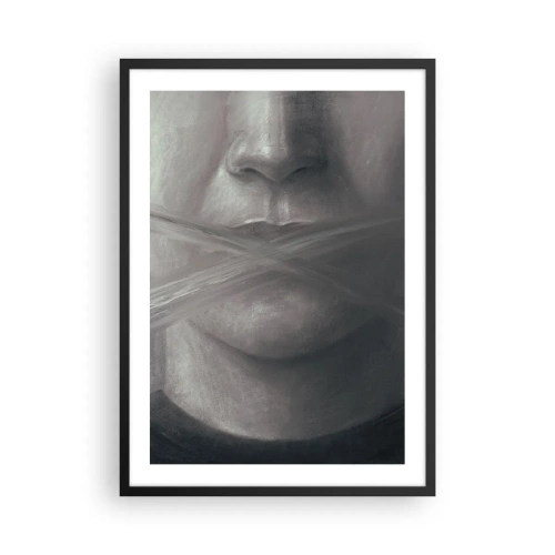 Pôster com moldura preta - Um rosto simbólico com a boca coberta em cores monocromáticas. - 50x70cm - Nem uma palavra - Decoração de parede moderna para a sala de estar e quarto ARTTOR