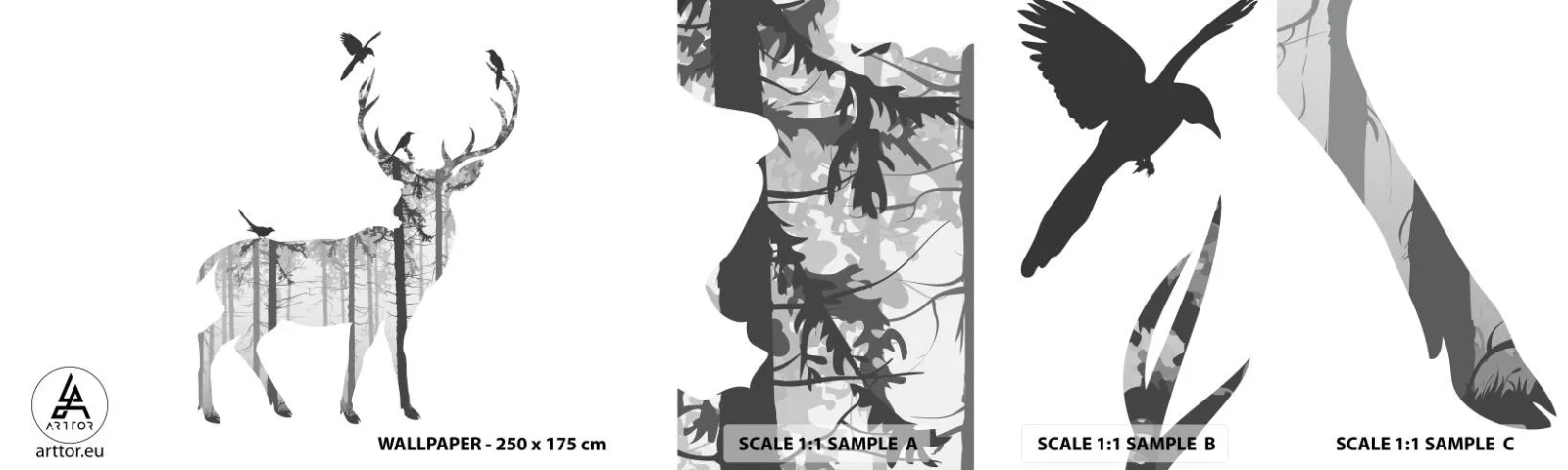 Amostra de Papel de Parede Standard Eco - Bom espírito da floresta - Abstração, Cervo, Natureza - 100x30 cm