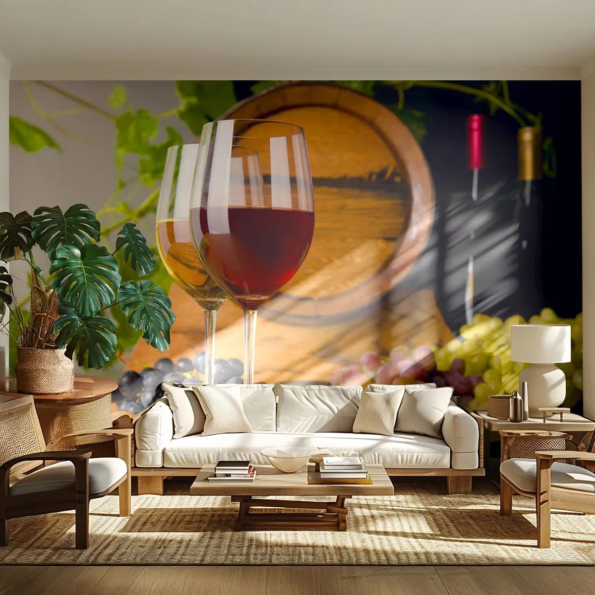 Papel de Parede Autocolante Deluxe Sticker - Como com os antigos mestres - Barril de vinho, Uva, Uma taça de vinho - 250x175 cm