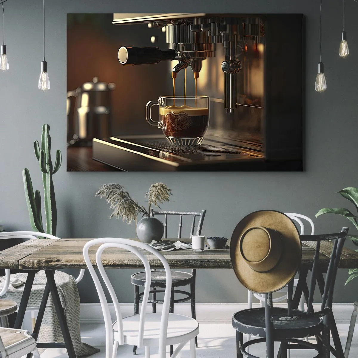 Quadro em tela - Máquina de café com uma xícara de expresso aromático - 70x50cm - Uma mistura sensual - Decoração de parede moderna para a sala de estar e quarto ARTTOR