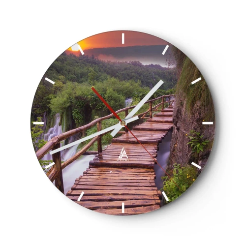 Relógio de parede - Relógio em vidro - Passarela de madeira sobre cachoeiras na floresta ao pôr do sol - 30x30cm - Beleza inacreditável - Decoração de parede moderna para a sala de estar, cozinha e quarto ARTTOR