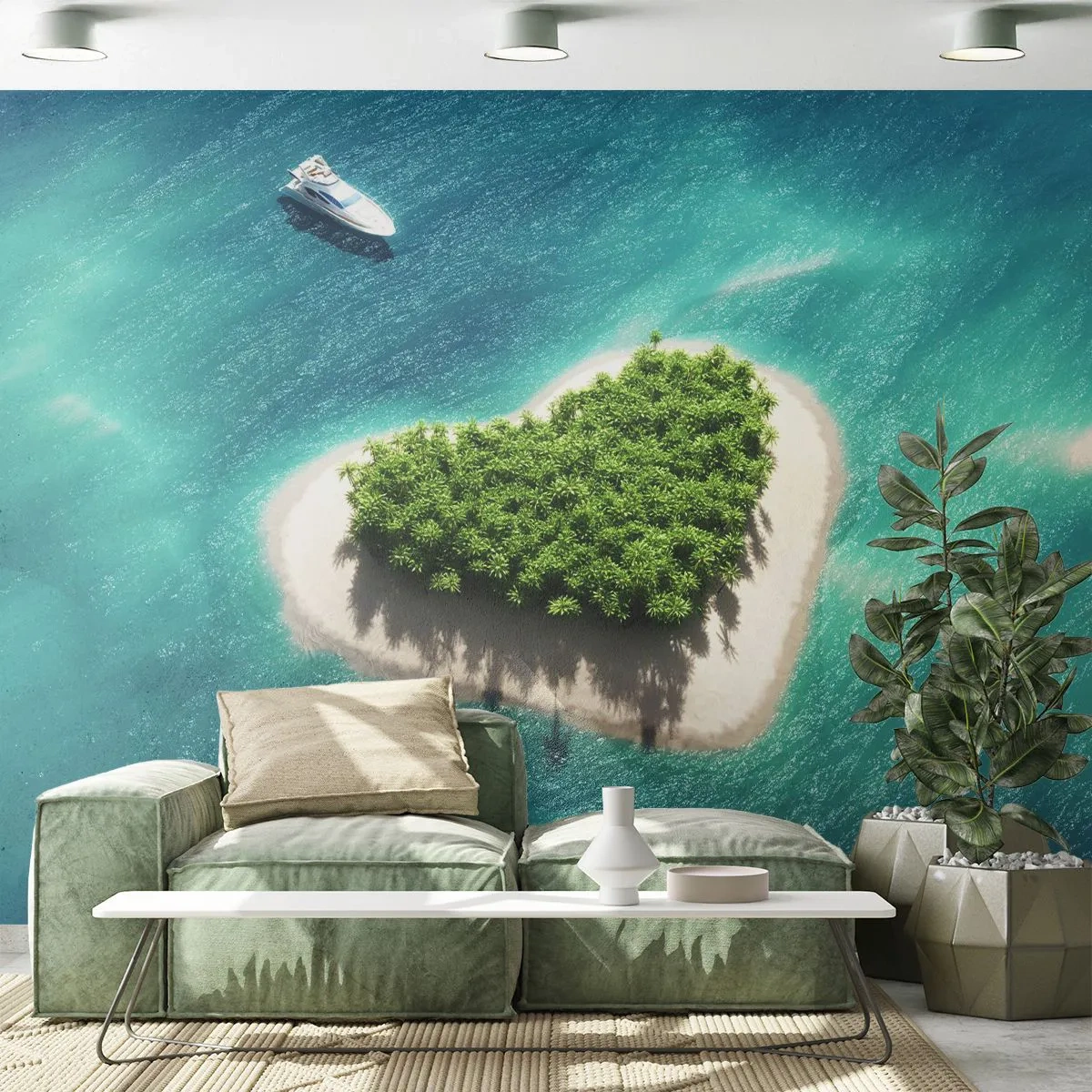 Papel de Parede Autocolante Deluxe Sticker - Eu amo o verão - Paisagem, Ilha no oceano, Iate - 200x140 cm