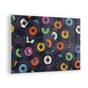 Quadro em vidro - Discos de vinil coloridos em um fundo preto - 70x50cm - Cores dos clássicos - Decoração de parede moderna para a sala de estar e quarto ARTTOR