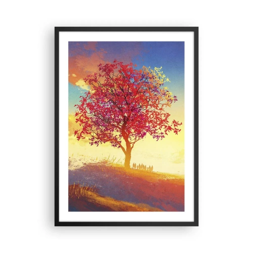 Pôster com moldura preta - Uma árvore com folhas vermelhas tendo como pano de fundo o pôr do sol - 50x70cm - O peregrino no seu destino - Decoração de parede moderna para a sala de estar e quarto ARTTOR