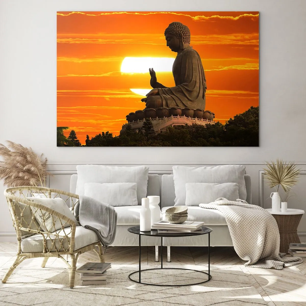 Quadro em vidro - Estátua de Buda com o pôr do sol como pano de fundo - 70x50cm - Sem medo do mundo - Decoração de parede moderna para a sala de estar e quarto ARTTOR