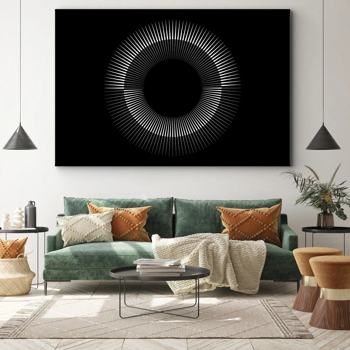 Quadro em tela - Círculo gráfico com raios em preto e branco - 70x50cm - Sol preto - Decoração de parede moderna para a sala de estar e quarto ARTTOR
