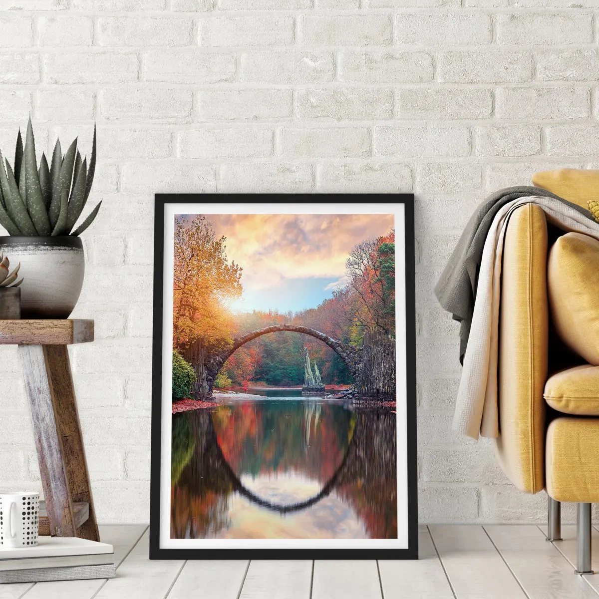 Pôster com moldura preta - Uma ponte de pedra sobre um lago em uma paisagem de outono - 50x70cm - Do outro lado do espelho - Decoração de parede moderna para a sala de estar e quarto ARTTOR