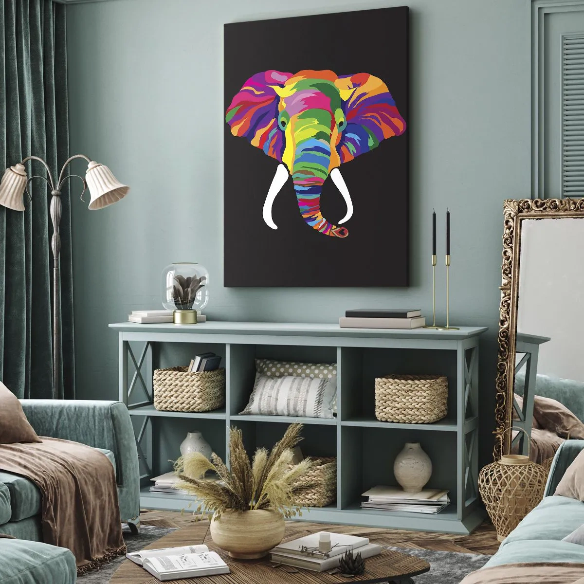Quadro em tela - O elefante que adorava banhar-se no arco-íris - 70x100 cm