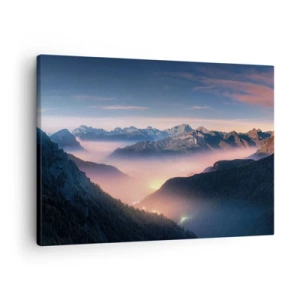Quadro em tela - Uma paisagem montanhosa com um vale cheio de neblina - 70x50cm - Luz nos vales - Decoração de parede moderna para a sala de estar e quarto ARTTOR